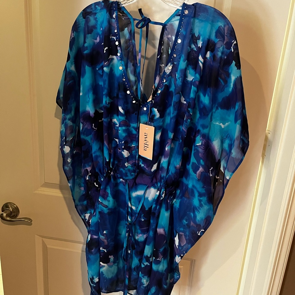 Blue and White Sheer Beach Cover Up!Embellished and Gorgeous!